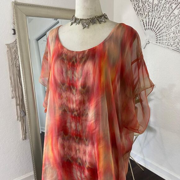 One World Boho Bat Sleeve Orange Red Tie Dye Asymmetric Shawl Top Plus Size 1X - Picture 2 of 8